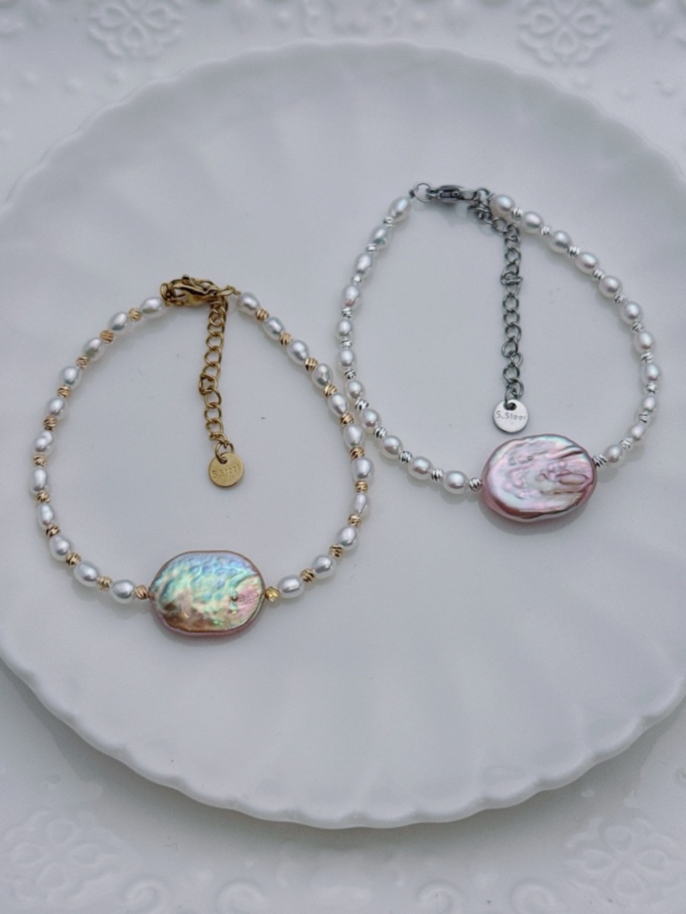 26B311 Handmade Freshwater Baroque Pearl Bracelet 6.5+2” Stainless Steel